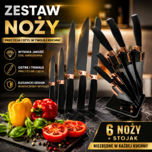Zestaw 5 Noży Kuchennych W Bloku Komplet Ostre Noże Kuchenne Stojak Czarne
